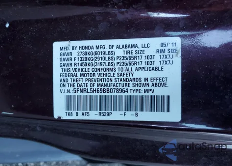 2011 Honda Odyssey Exl z USA, uszkodzony, nr VIN 5FNRL5H69BB078964